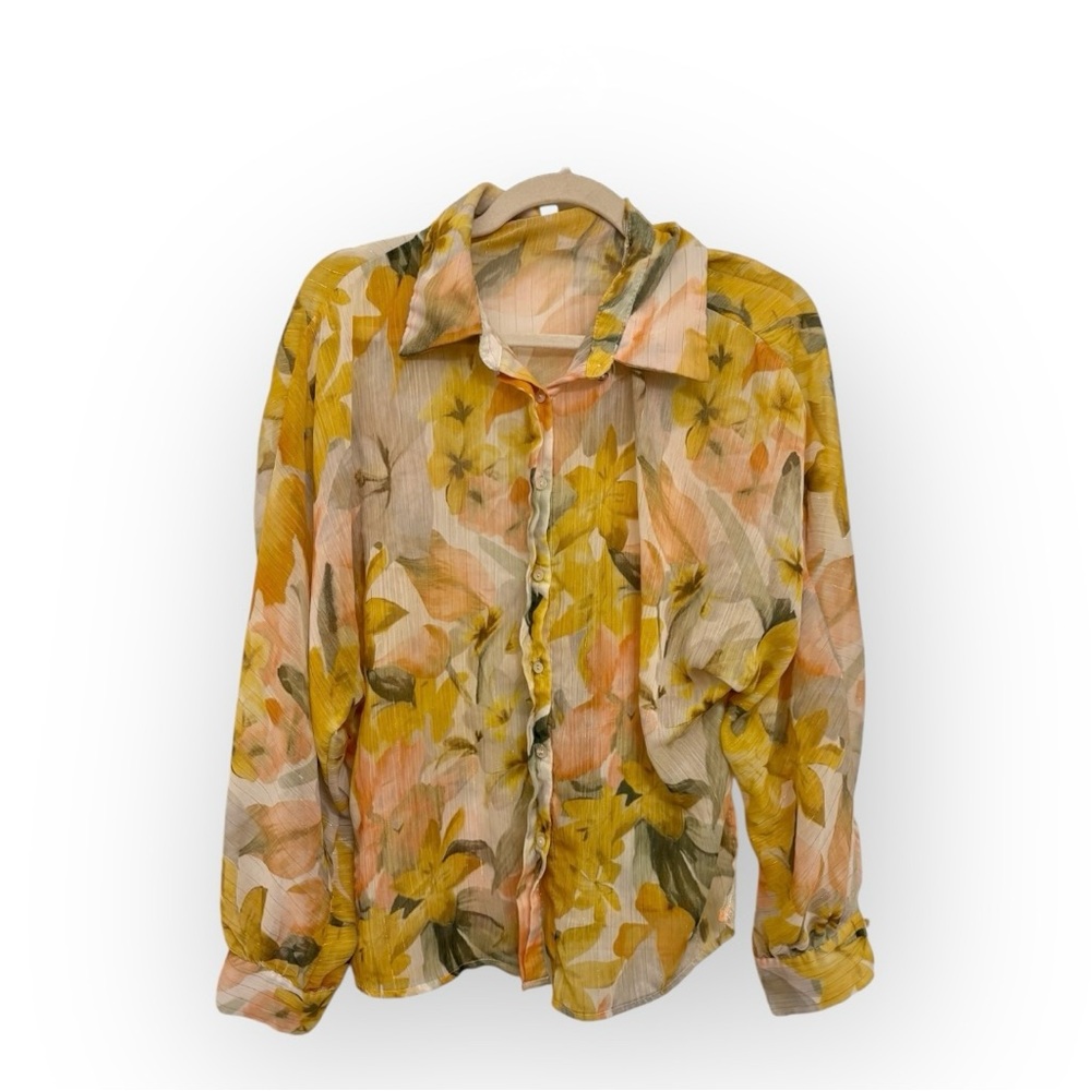 Yellow Sheer Floral Button Up Blouse Romantic Garden Boho Golden Girls Large